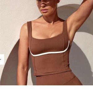 Scoop Neck Brown Crop Tank with Contrast Trim